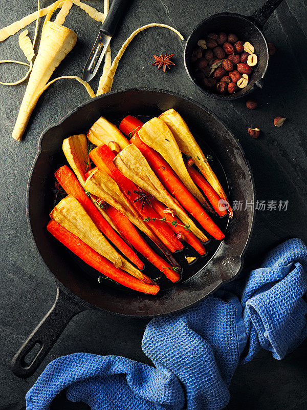 烤胡萝卜，防风草，蜂蜜和榛子