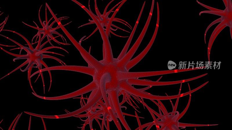 红色背景下具有发光脉冲的三维神经元细胞网络结构。