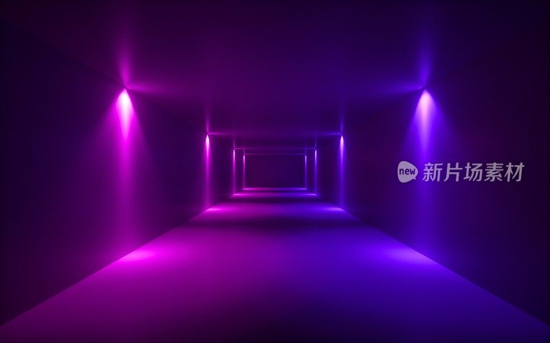 3d渲染，霓虹紫光，灯光走廊，隧道，空旷空间，紫外光，80年代复古风格，时装秀舞台，抽象背景