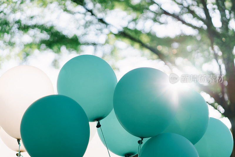 蒂芙尼蓝色气球装饰与户外阳光