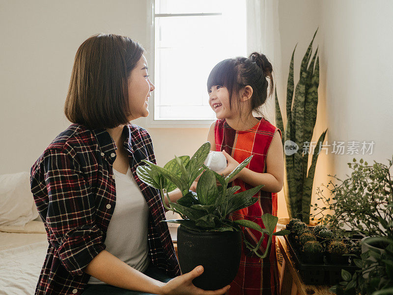 年轻的母亲和女儿在房间里种仙人掌。