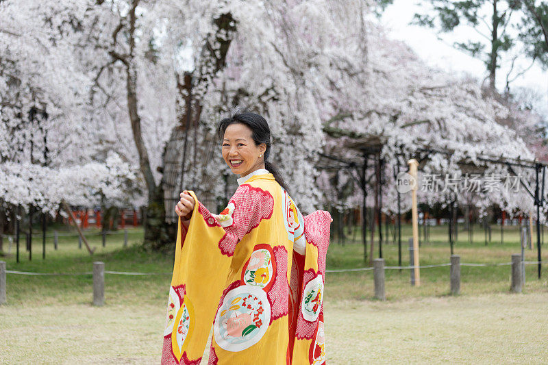 一个日本女人在欣赏樱花