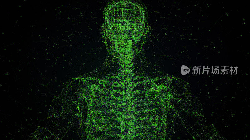 照明扫描人体部分的数据和粒子。生物识别技术的概念。未来的绿色设计