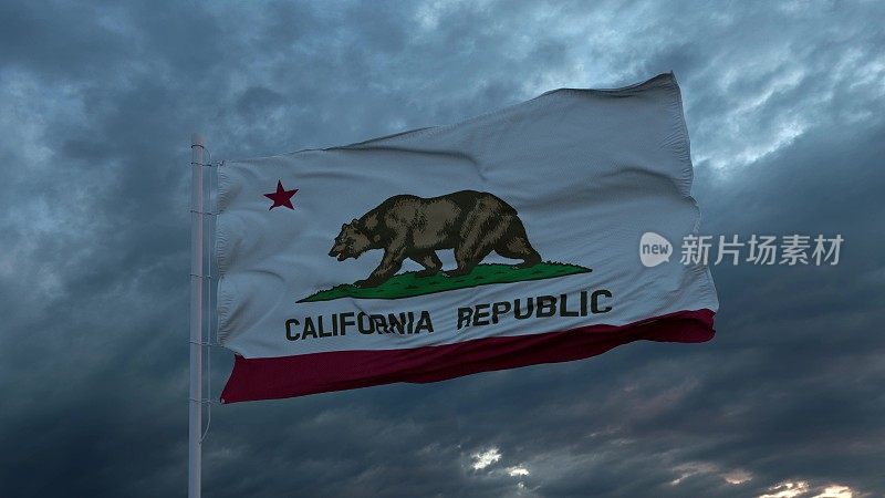 现实的加州旗帜在风中飘扬，对抗着深沉的暴风雨的天空。三维演示