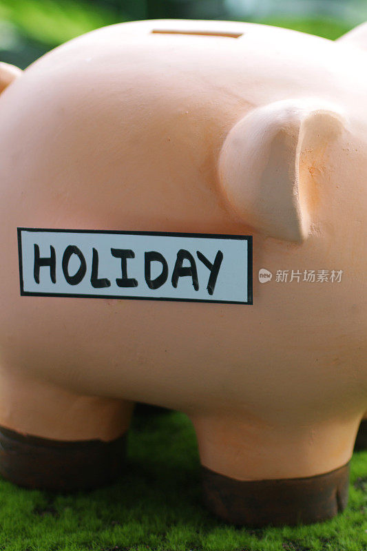 特写图像的小猪银行与插槽顶部与假日标签，家庭财务和储蓄的概念