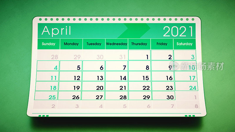 2021年4月日历页面设计为金属绿色，悬挂在金属绿色背景上