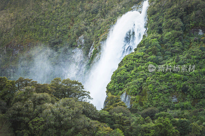 自然景观，绿地，瀑布和风景，在米尔福德海湾峡湾，峡湾国家公园阴天自然条件新西兰在南岛新西兰