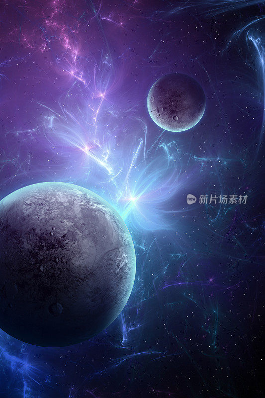 3D渲染的星系空间场景与行星和星云