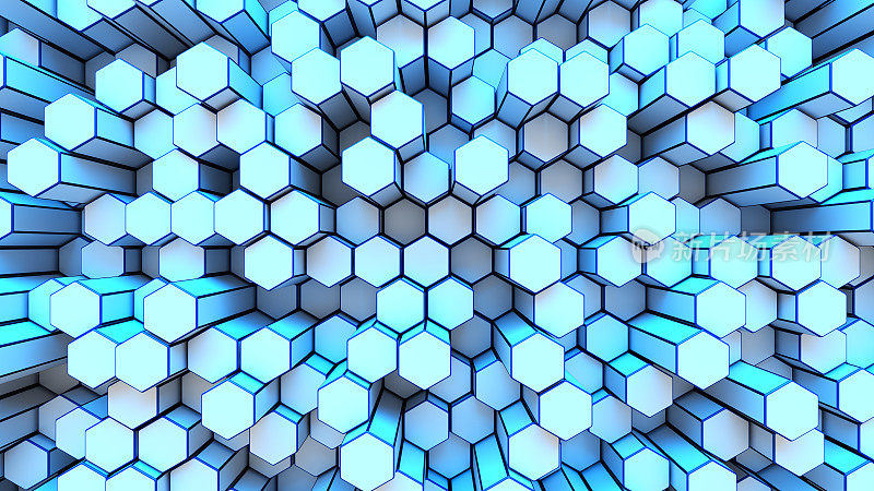 蓝色数字技术背景与六边形细胞。三维蜂窝结构抽象图。