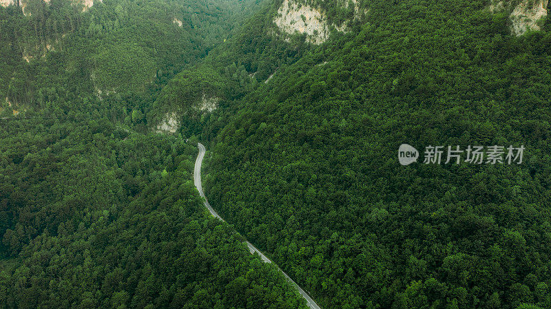 鸟瞰黑山绿色森林中风景优美的山路