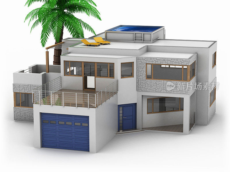 现代住宅，游泳池，太阳躺椅和棕榈树。