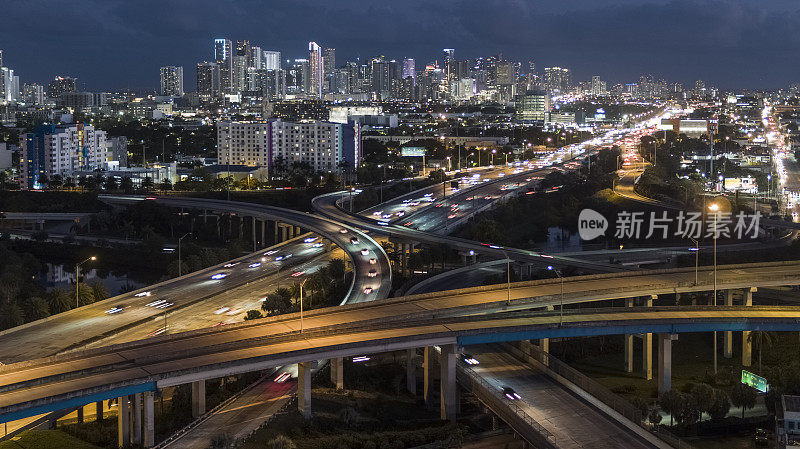 迈阿密设计区的夜间鸟瞰图，俯瞰佛罗里达州北迈阿密的大型高架枢纽。