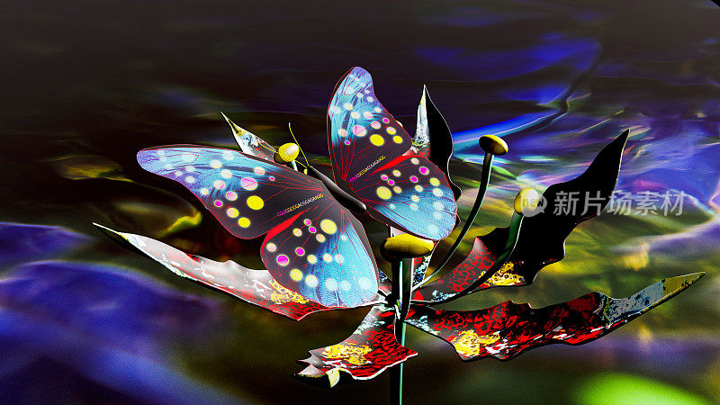 新的基因组编辑物种，红色和白色马达拉图案的花朵和蓝色反射蝴蝶