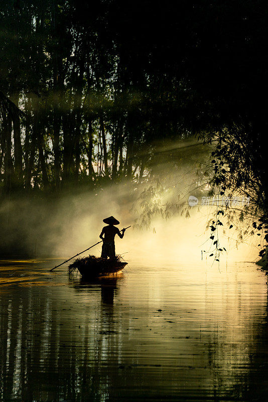 日落时分，一位戴着圆锥形帽子的当地男船夫划着木船穿过竹林里的一条小河，送一些干草给动物喂食