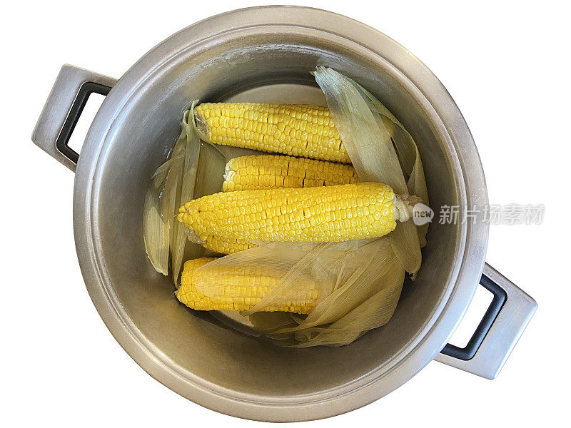 白色背景的炖锅里的甜玉米(修剪路径)