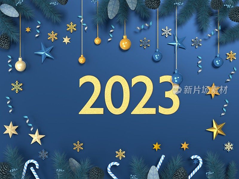 2023年圣诞新年贺卡背景与饰品蓝色背景