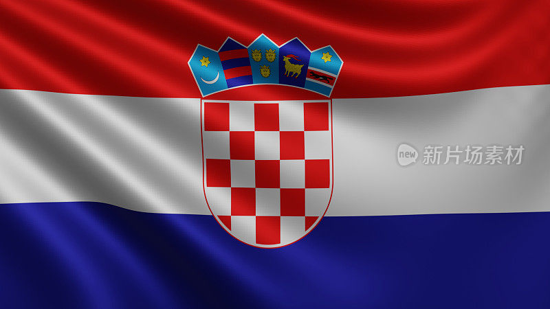 克罗地亚国旗在风中飘扬的渲染特写，克罗地亚国旗在4k分辨率下飘扬，特写，颜色:RGB。