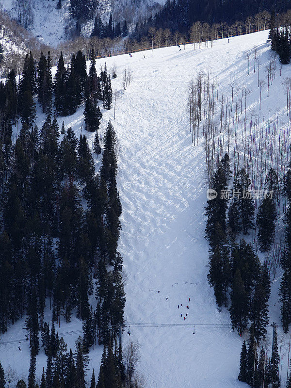 陡峭的mogul滑雪场和滑雪者的长焦视图。阿斯彭高地滑雪场。美国科罗拉多州的阿斯彭。