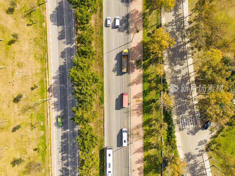 鸟瞰林地和公路。