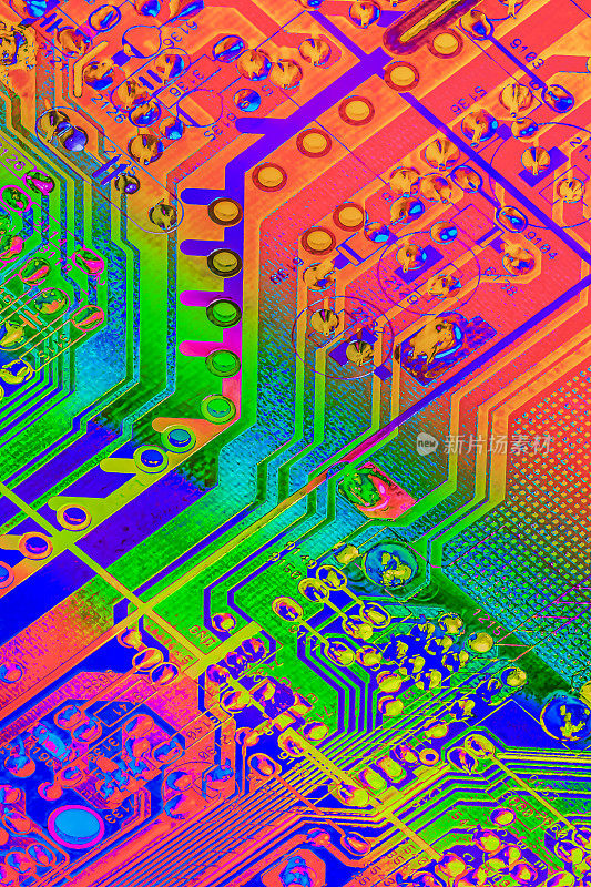 彩色程式化超现实电子电路板细节艺术表现