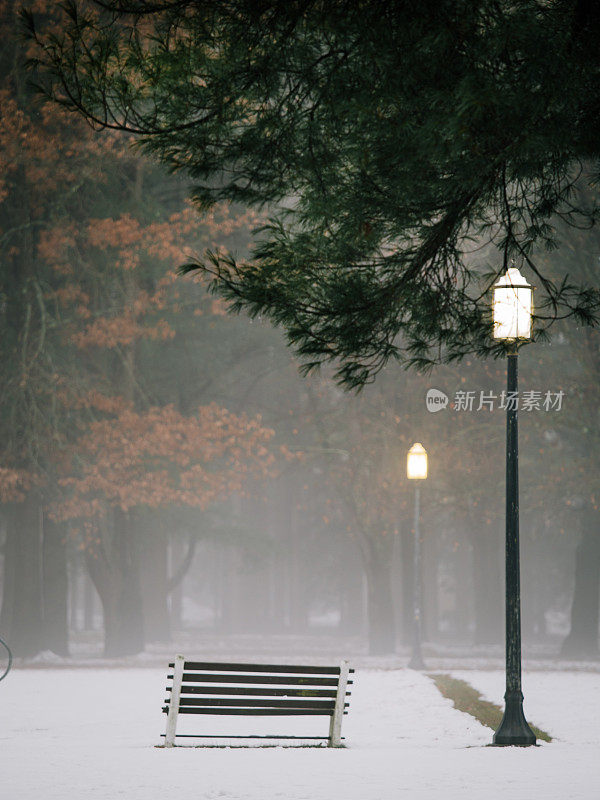 公园长椅和路灯在雾蒙蒙的秋天傍晚