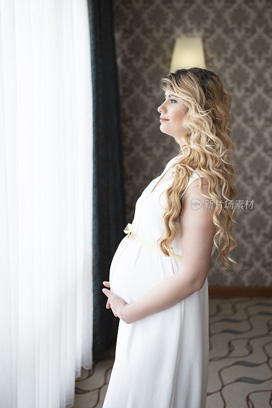 年轻迷人的孕妇肖像，站在窗边