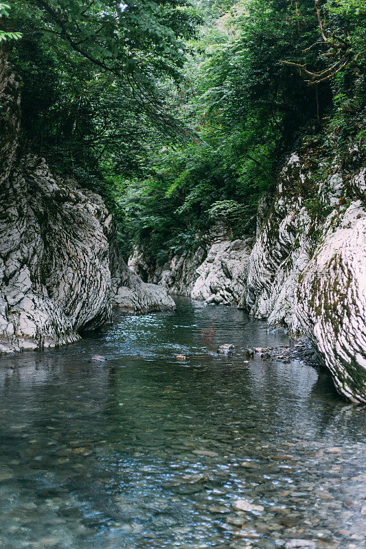 俄罗斯索契霍斯塔区高加索生物圈保护区紫杨树林热门旅游路线上的蓝山河