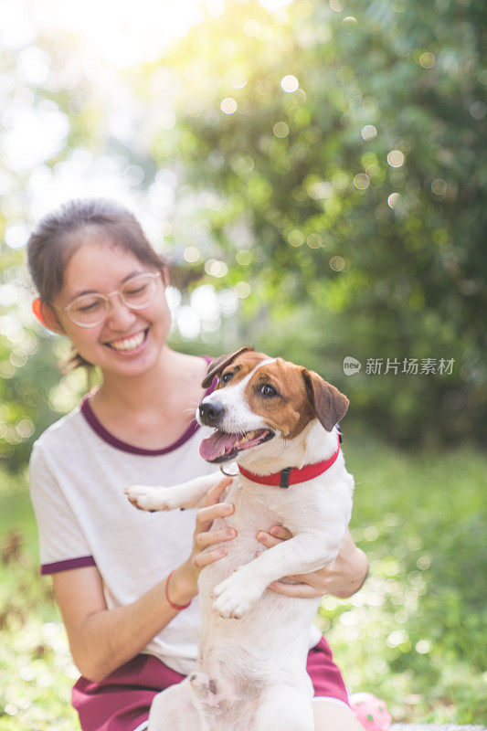 亚洲家庭十几岁的女孩玩好玩的她的宠物杰克罗素梗狗在花园在夏天的早晨