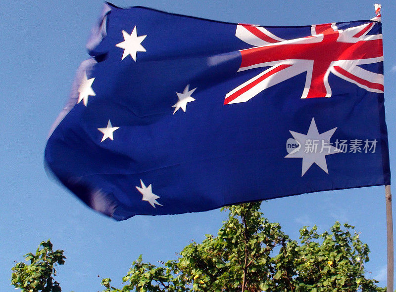 看着树，天空和澳大利亚国旗