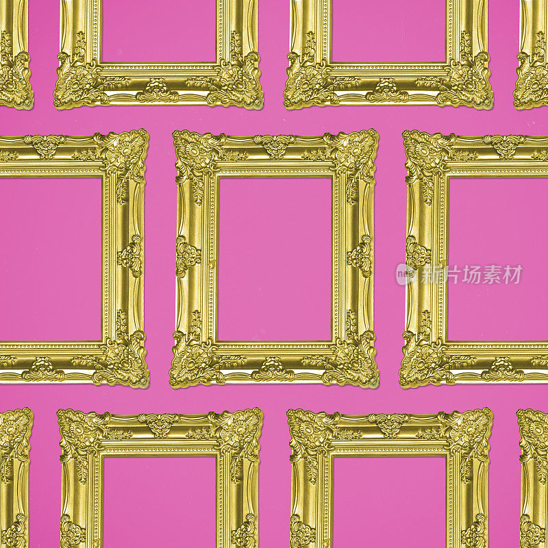 金色古董相框拼贴在粉红色的背景