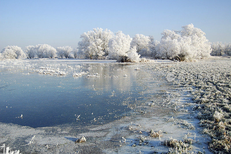 哈维尔河积雪草地的交叉处理图像(德国)