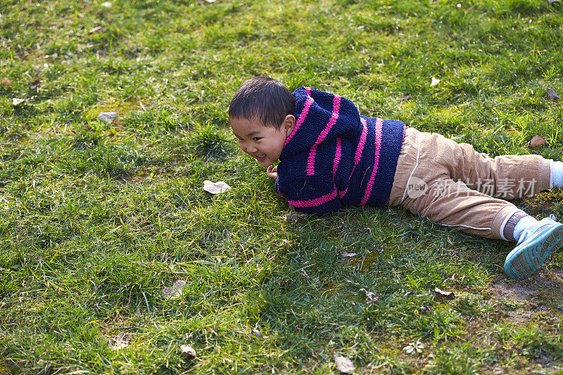 快乐的小男孩在草坪上玩耍