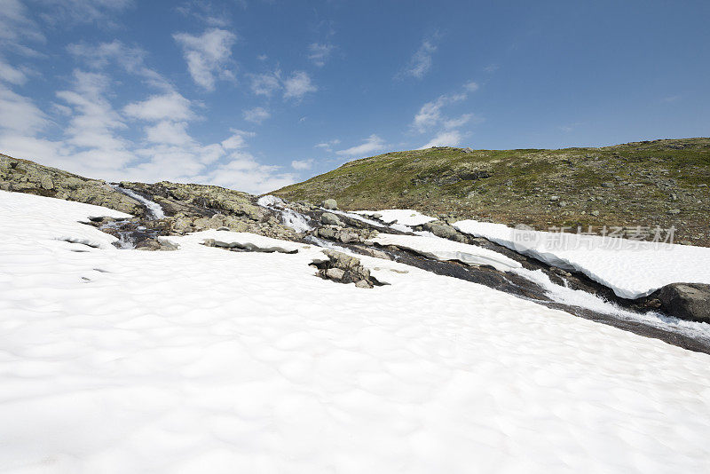 在挪威的夏山中，雪和巨石沿着小溪徒步旅行
