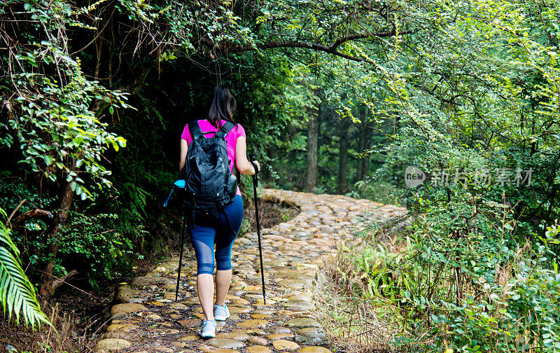 在树林里背着背包的年轻女性徒步旅行者