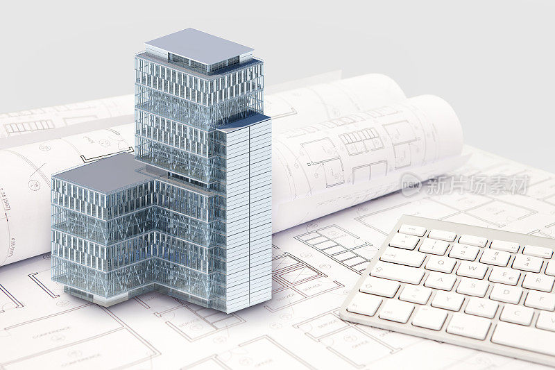 建筑设计图，带有办公楼外观和三维模型