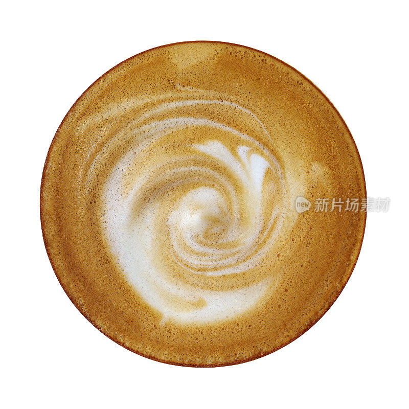 顶视图热咖啡卡布奇诺杯与螺旋奶泡隔离在白色背景，剪切路径包括。