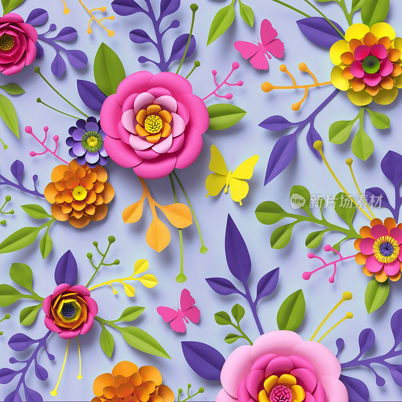 3d渲染，工艺纸花，节日花束，植物安排，明亮的糖果颜色，自然剪辑艺术孤立在天蓝色的背景，装饰点缀