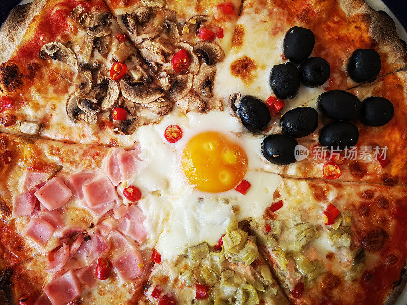 四个阶段的美味正宗的意大利披萨，中间是一个鸡蛋和新鲜的辣辣椒，在传统的披萨烤箱中烹饪。