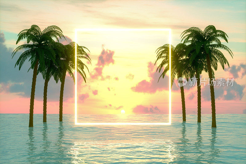 空框架霓虹灯与海上棕榈树，夏季概念
