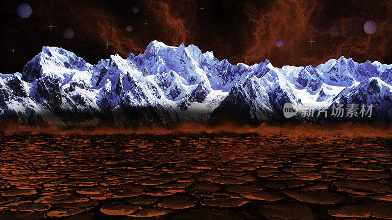 外星星球戏剧性的景观-外太空场景冰冷的山脉，干燥的地球，炽热的星云