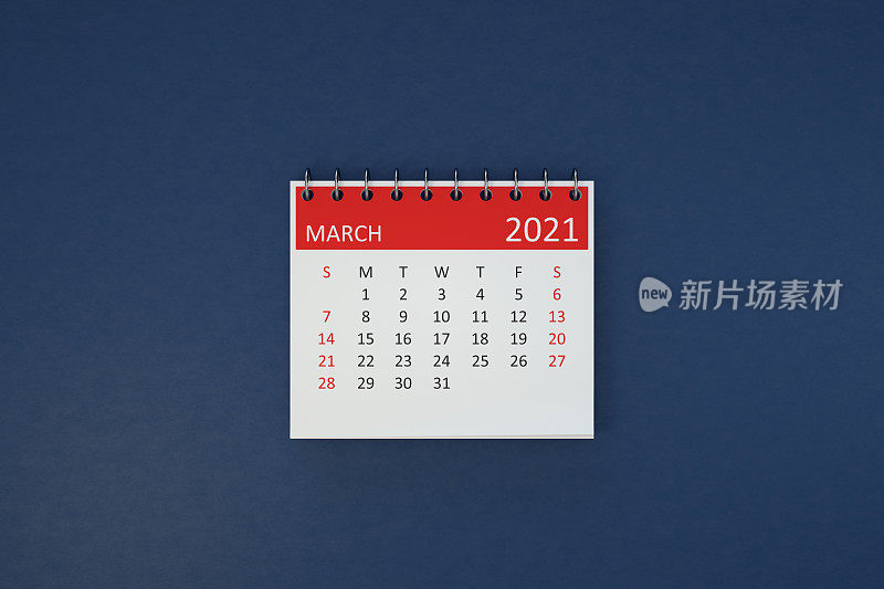 2021年3月日历上的蓝色背景