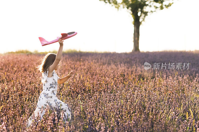 日落时分，一个快乐的小女孩在薰衣草田上玩飞机。孩子们玩玩具飞机。小女孩想成为飞行员和宇航员。概念大孩子梦想