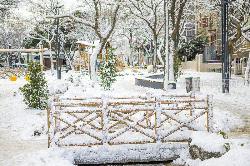 美丽的冬季公园，结冰的水覆盖着雪