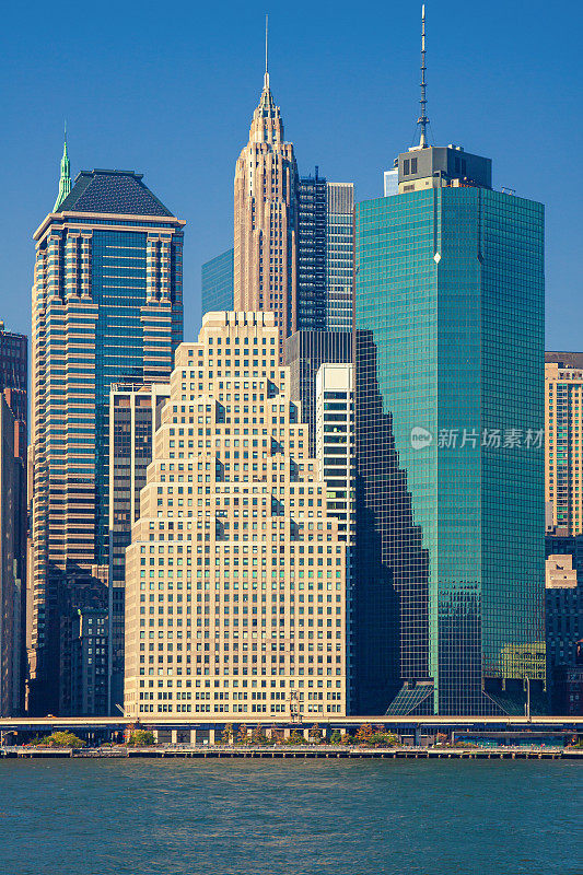 纽约城市天际线与曼哈顿金融区，世界，东河和蓝天的特写。