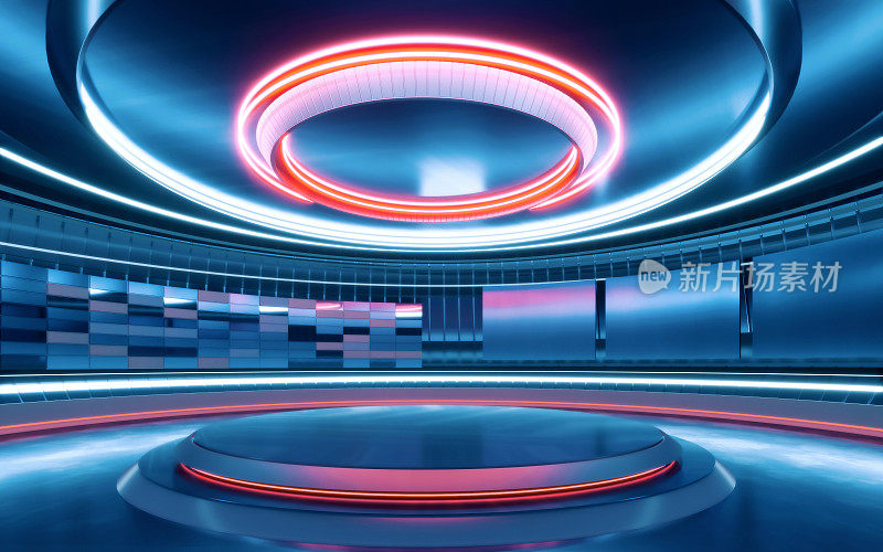 电视演播室，圆形的蓝色墙壁环绕着空旷的舞台，霓虹灯照明