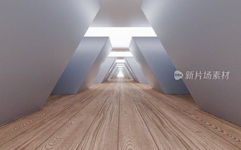 空建筑结构与木地板，3d效果图。