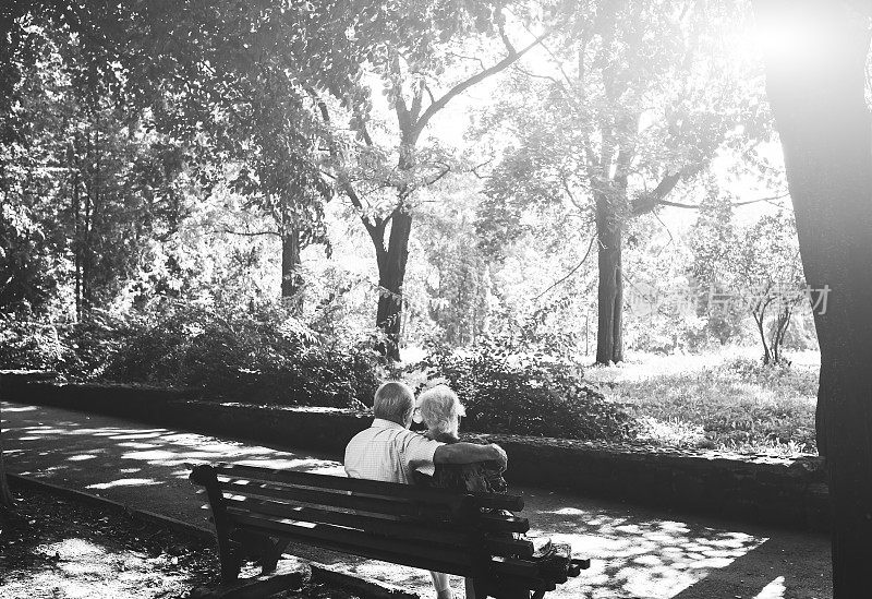 漂亮的老夫妇坐在公园的长椅上。奶奶和爷爷在户外拥抱。金婚纪念日快乐。奶奶和爷爷的浪漫照片。真正的爱。