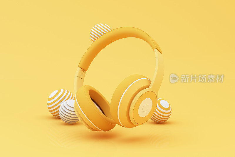 耳机和智能手机的音乐笔记漂浮在黄色背景周围的扬声器与乐器。有趣的歌曲或音乐节的概念。3d渲染插图卡通风格