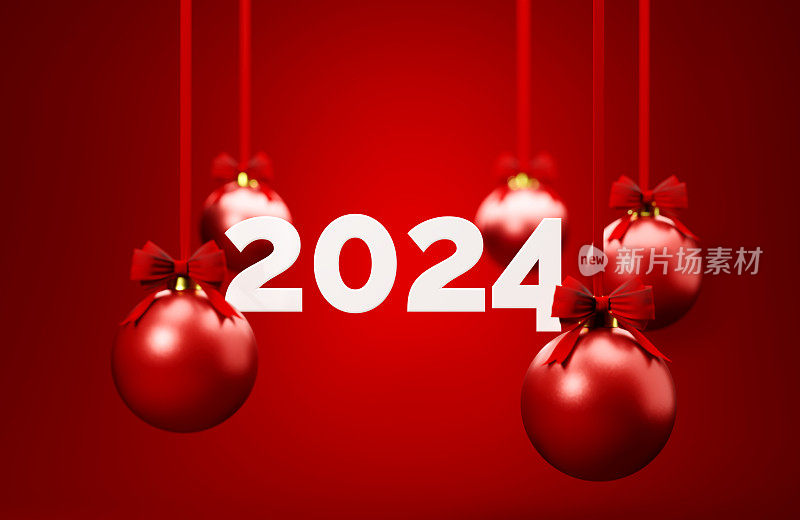 红色的圣诞装饰物和红色背景上的2024