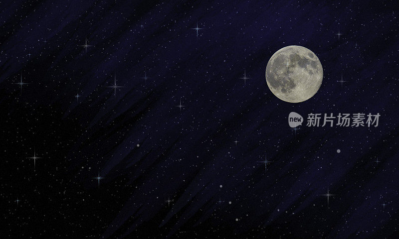 满月在星空与复制空间-蓝色水彩背景